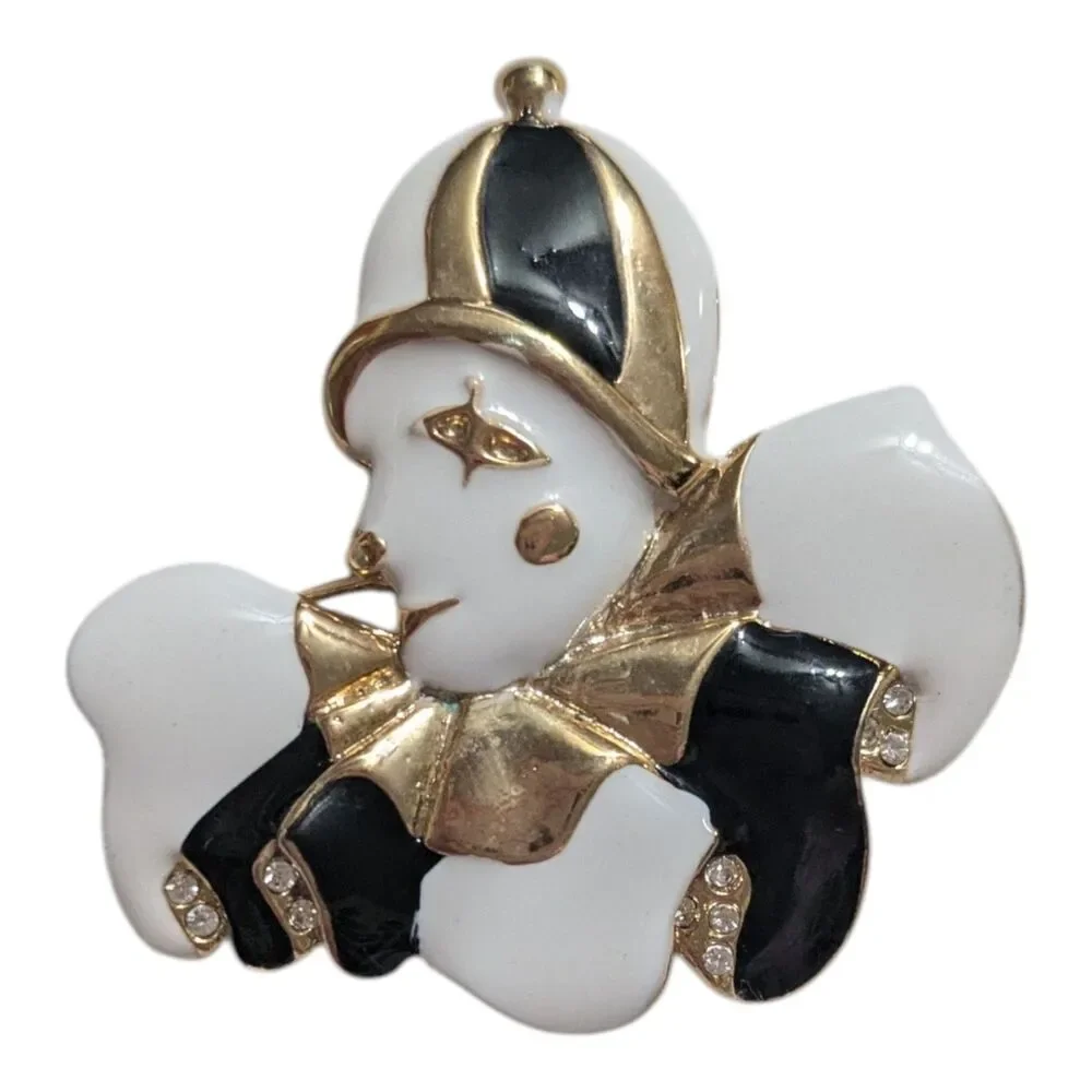 Vintage Harlequin Clown Brooch Gold Tone Black White Enamel Rhinestone Pin